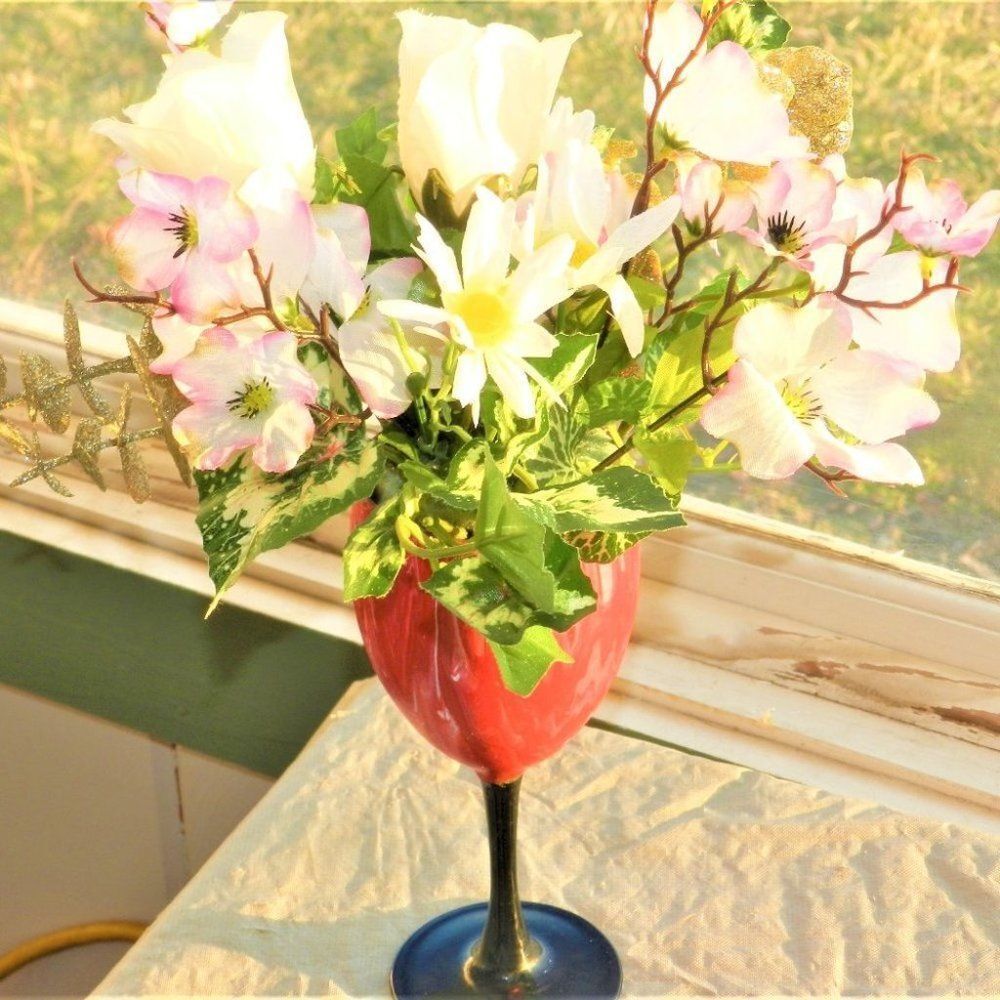 Hand Crafted Floral Table Centerpiece  Summer Cherry Blossom Flower Wine Glass